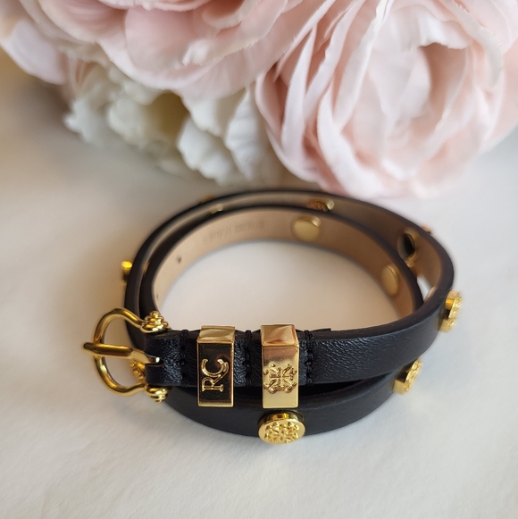 Rustic Cuff Black Leather Double Wrap Bracelet Studs Buckle Closure Goldtone - Picture 10 of 11